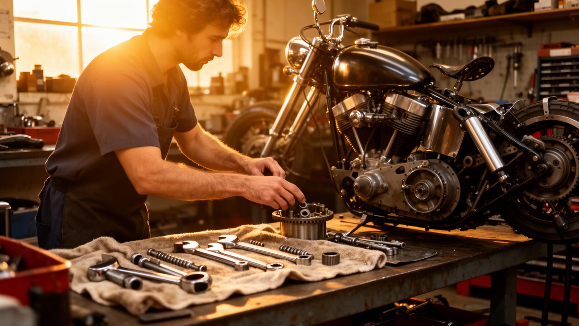 Motorcycle mechanic restoring a vintage Harley at a workbench — health coverage from Two Wheel Health