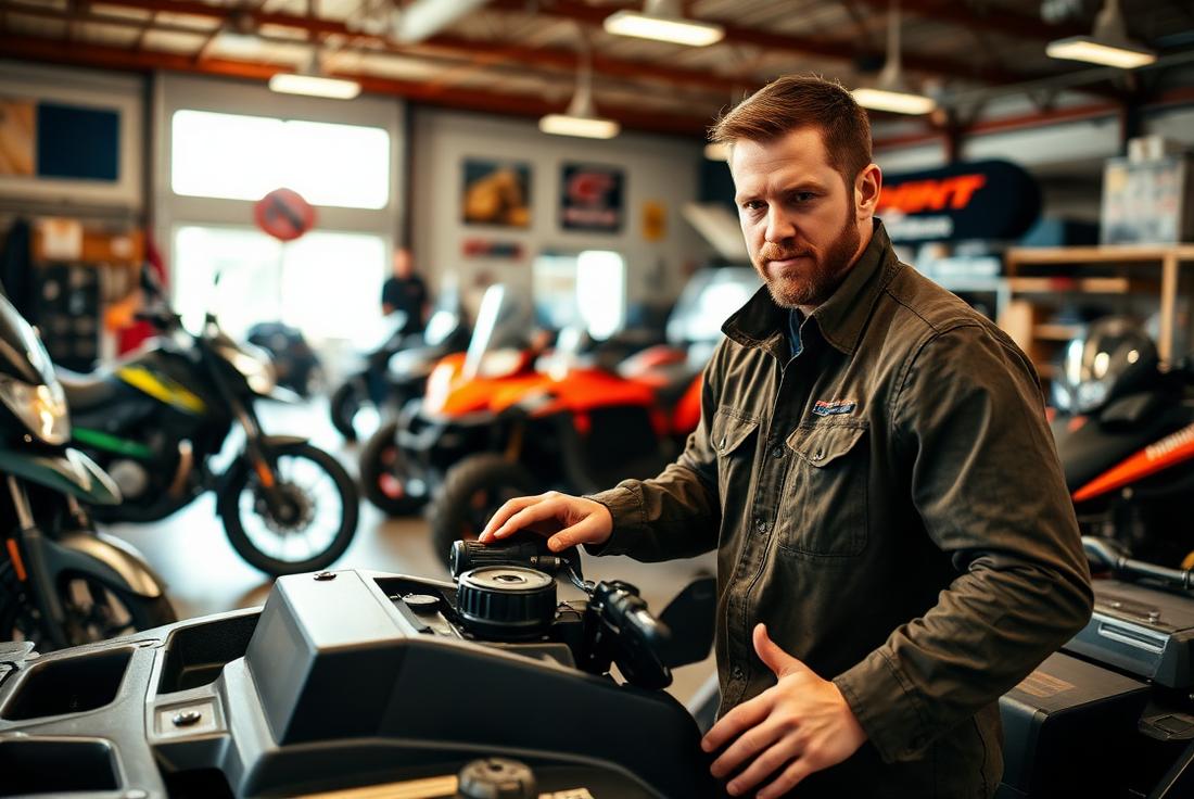 Powersports technician working on ATV in multi-line shop