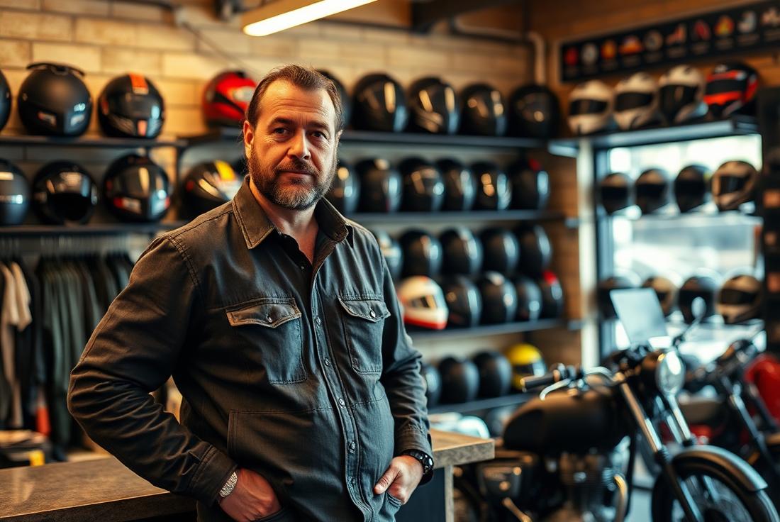 Motorcycle shop owner standing in their helmet showroom
